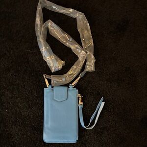 Aimee Kestenberg Sky Blue Leather Cell Phone Crossbody Phone Bag New!